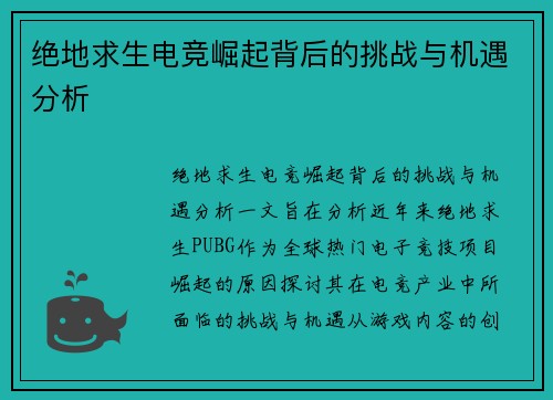 绝地求生电竞崛起背后的挑战与机遇分析